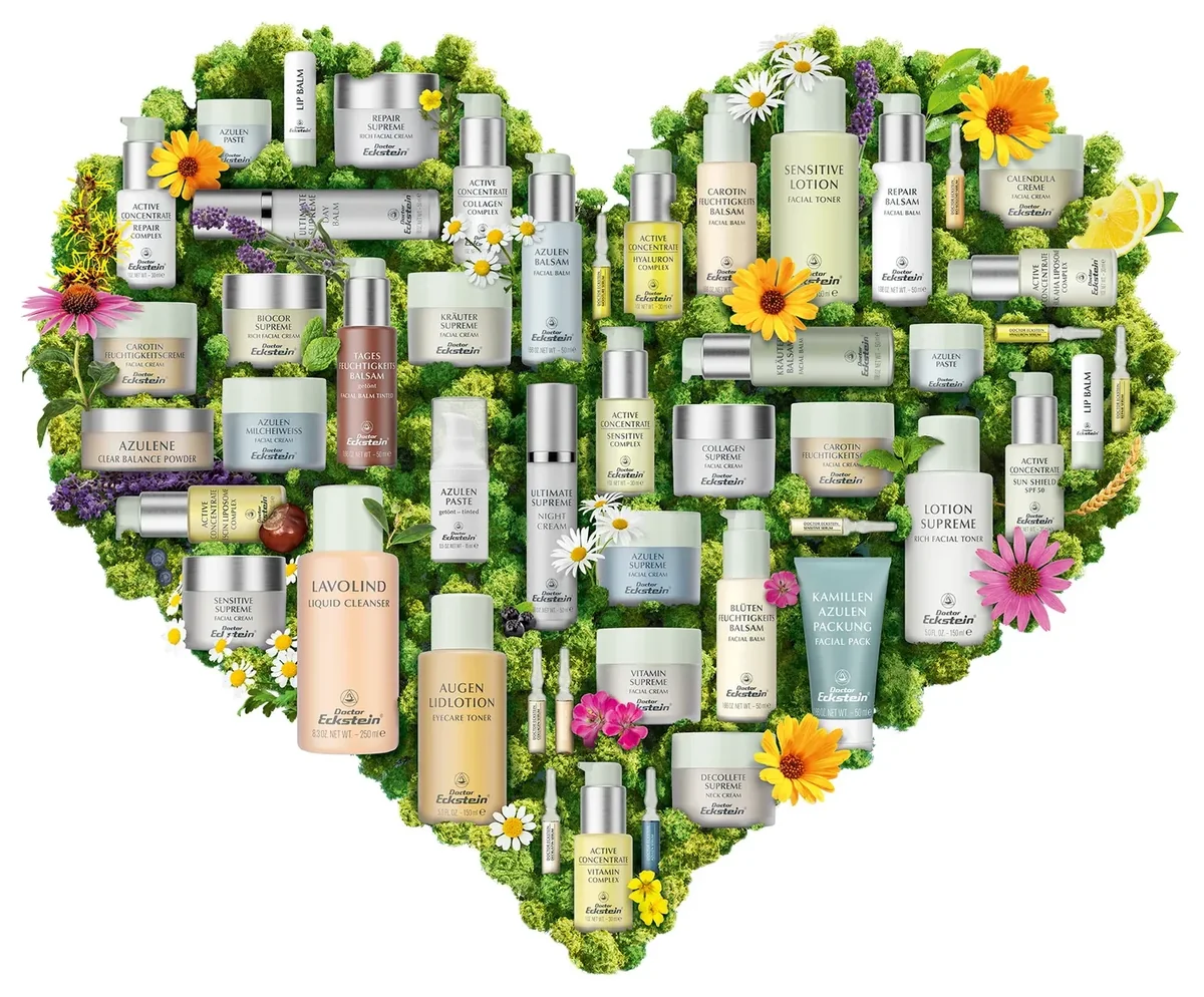 The Doctor Eckstein range arranged as a heart on moss, with chamomile, calendula and echinacea